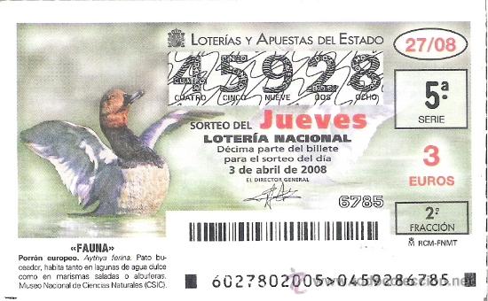 Nationale spanische Lotterie: 1 DECIMO DE LOTERIA DEL JUEVES - 3 ABRIL 2008 - 27/08 - FAUNA - AVES - PORRON EUROPEO