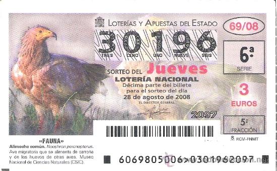Nationale spanische Lotterie: 1 DECIMO DE LOTERIA DEL JUEVES - 28 AGOSTO 2008 - 69/08 - FAUNA - AVES - ALIMOCHE COMUN