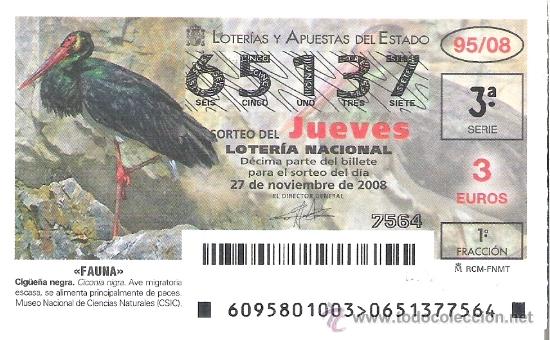 Nationale spanische Lotterie: 1 DECIMO DE LOTERIA DEL JUEVES - 27 NOVIEMBRE 2008 - 95/08 - FAUNA - AVES - CIG&Uuml;E&Ntilde;A NEGRA