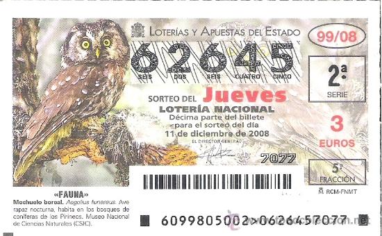 Nationale spanische Lotterie: 1 DECIMO LOTERIA DEL JUEVES - 11 DICIEMBRE 2008 - 99/08 - FAUNA - AVES O PAJAROS MOCHUELO BOREAL