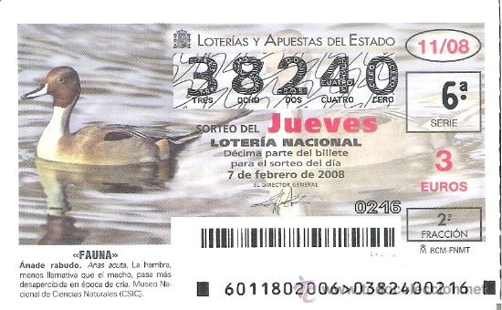 Nationale spanische Lotterie: 1 DECIMO DE LOTERIA DEL JUEVES - 7 FEBRERO 2008 - 11/08 - FAUNA - AVES - ANADE RABUDO