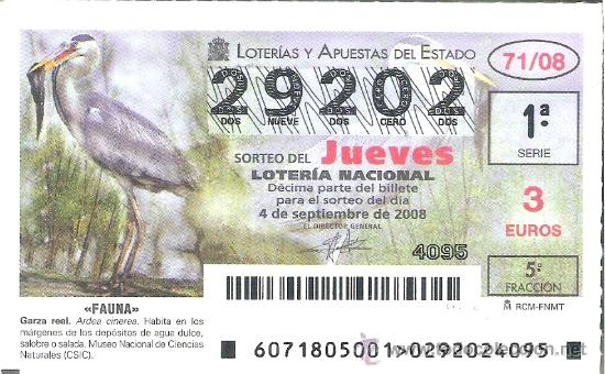 Nationale spanische Lotterie: 1 DECIMO LOTERIA DEL JUEVES - 4 SEPTIEMBRE 2008 - 71/08 - FAUNA - AVES - GARZA REAL