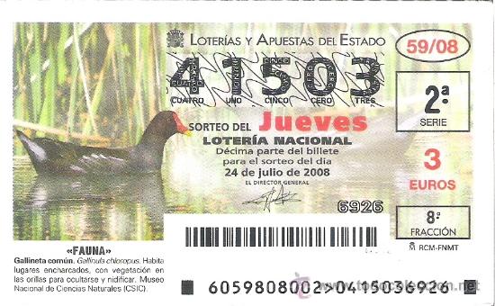 Nationale spanische Lotterie: 1 DECIMO LOTERIA DEL JUEVES - 24 JULIO 2008 - 59/08 - FAUNA - AVES ( GALLINETA COMUN )