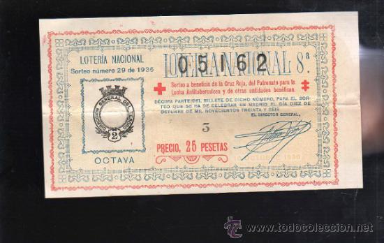 National Spanish Lottery: LOTERIA NACIONAL DE CRUZ ROJA. SORTEO N&ordm; 29 DE 1936. CUARTA