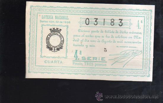 Lotaria Nacional: LOTERIA NACIONAL. SORTEO N&ordm; 22 DE 1936. CUARTA. 4&ordf; SERIE.