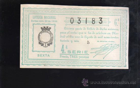 Lotaria Nacional: LOTERIA NACIONAL. SORTEO N&ordm; 22 DE 1936. SEXTA. 4&ordf; SERIE.