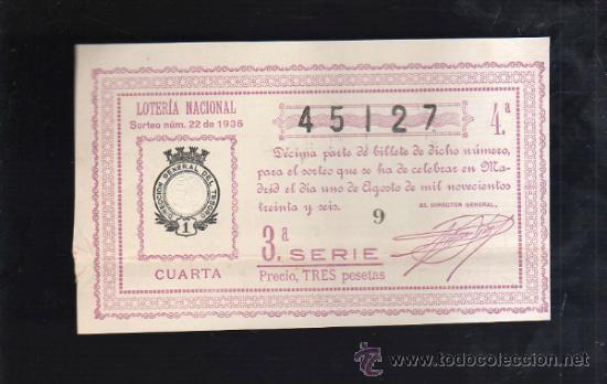 Lotaria Nacional: LOTERIA NACIONAL. SORTEO N&ordm; 22 DE 1936. CUARTA. 3&ordf; SERIE.