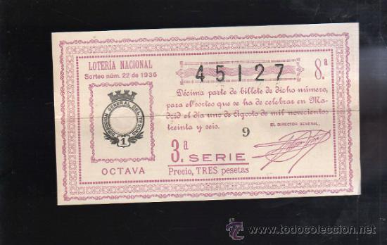 Lotaria Nacional: LOTERIA NACIONAL. SORTEO N&ordm; 22 DE 1936. OCTAVA. 3&ordf; SERIE.