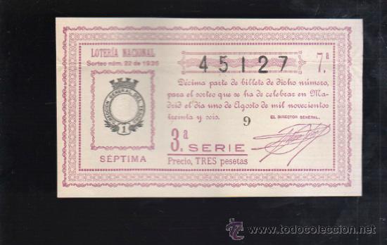 Lotaria Nacional: LOTERIA NACIONAL. SORTEO N&ordm; 22 DE 1936. SEPTIMA. 3&ordf; SERIE.