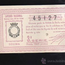 Lotería Nacional: LOTERIA NACIONAL. SORTEO Nº 22 DE 1936. DECIMA. 3ª SERIE.. Lote 38338371
