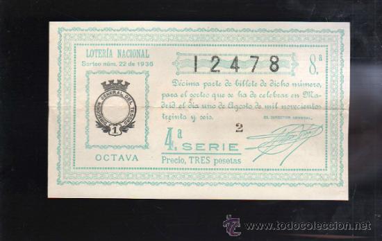 Lotteria Nationale Spagnola: LOTERIA NACIONAL. SORTEO N&ordm; 22 DE 1936. OCTAVA. 4&ordf; SERIE.