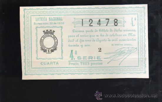 Lotteria Nationale Spagnola: LOTERIA NACIONAL. SORTEO N&ordm; 22 DE 1936. CUARTA. 4&ordf; SERIE.