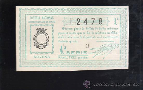 Lotteria Nationale Spagnola: LOTERIA NACIONAL. SORTEO N&ordm; 22 DE 1936. NOVENA. 4&ordf; SERIE.