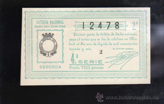 Lotteria Nationale Spagnola: LOTERIA NACIONAL. SORTEO N&ordm; 22 DE 1936. SEGUNDA. 4&ordf; SERIE.