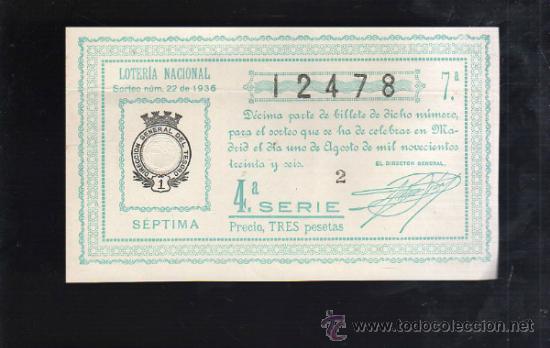 Lotteria Nationale Spagnola: LOTERIA NACIONAL. SORTEO N&ordm; 22 DE 1936. SEPTIMA. 4&ordf; SERIE.