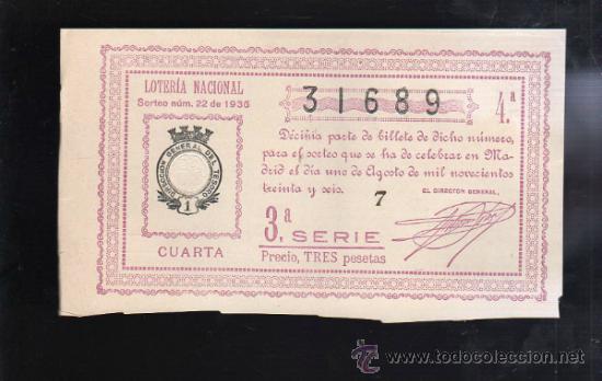 Lotteria Nationale Spagnola: LOTERIA NACIONAL. SORTEO N&ordm; 22 DE 1936. CUARTA. 3&ordf; SERIE.