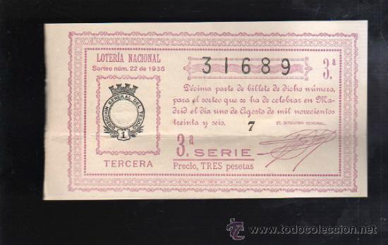 Lotteria Nationale Spagnola: LOTERIA NACIONAL. SORTEO N&ordm; 22 DE 1936. TERCERA. 3&ordf; SERIE.