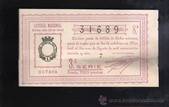 Lotteria Nationale Spagnola: LOTERIA NACIONAL. SORTEO N&ordm; 22 DE 1936. OCTAVA. 3&ordf; SERIE.