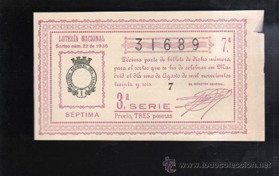 Lotteria Nationale Spagnola: LOTERIA NACIONAL. SORTEO N&ordm; 22 DE 1936. SEPTIMA. 3&ordf; SERIE.