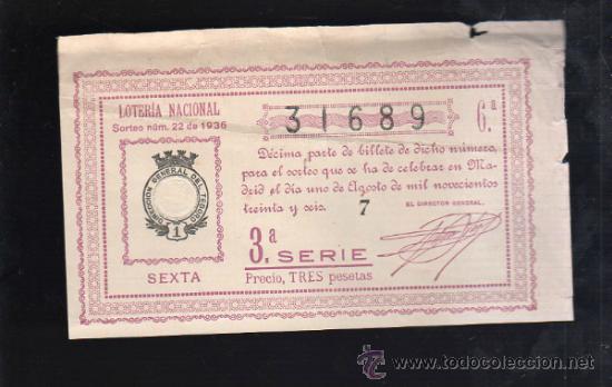 Lotteria Nationale Spagnola: LOTERIA NACIONAL. SORTEO N&ordm; 22 DE 1936. SEXTA. 3&ordf; SERIE.