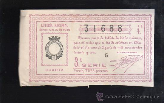 Lotteria Nationale Spagnola: LOTERIA NACIONAL. SORTEO N&ordm; 22 DE 1936. CUARTA. 3&ordf; SERIE.