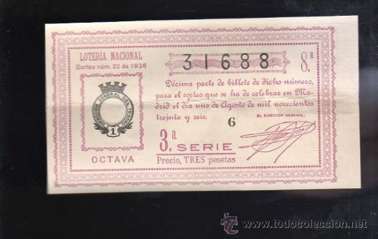 Lotteria Nationale Spagnola: LOTERIA NACIONAL. SORTEO N&ordm; 22 DE 1936. OCTAVA. 3&ordf; SERIE.