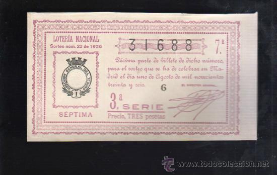 Lotteria Nationale Spagnola: LOTERIA NACIONAL. SORTEO N&ordm; 22 DE 1936. SEPTIMA. 3&ordf; SERIE.