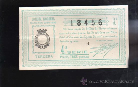 Lotteria Nationale Spagnola: LOTERIA NACIONAL. SORTEO N&ordm; 22 DE 1936. TERCERA. 4&ordf; SERIE.