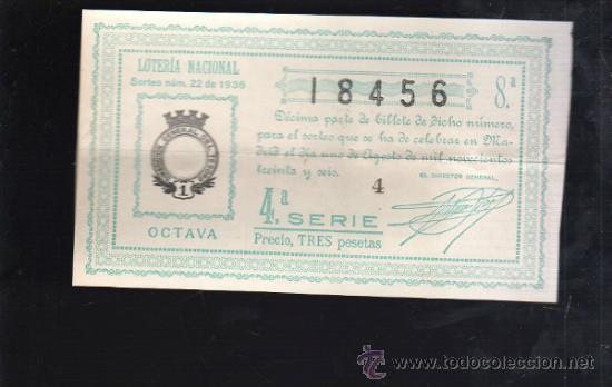 Lotteria Nationale Spagnola: LOTERIA NACIONAL. SORTEO N&ordm; 22 DE 1936. OCTAVA. 4&ordf; SERIE.