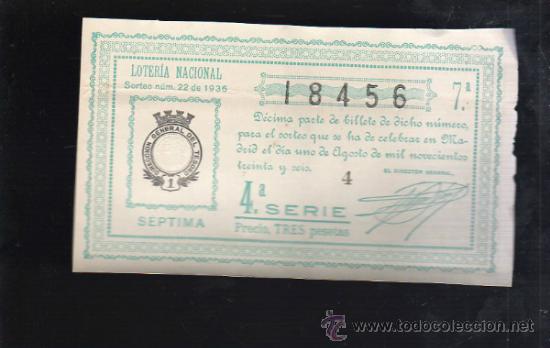 Lotteria Nationale Spagnola: LOTERIA NACIONAL. SORTEO N&ordm; 22 DE 1936. SEPTIMA. 4&ordf; SERIE.