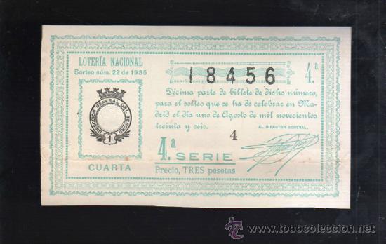 Lotteria Nationale Spagnola: LOTERIA NACIONAL. SORTEO N&ordm; 22 DE 1936. CUARTA. 4&ordf; SERIE.
