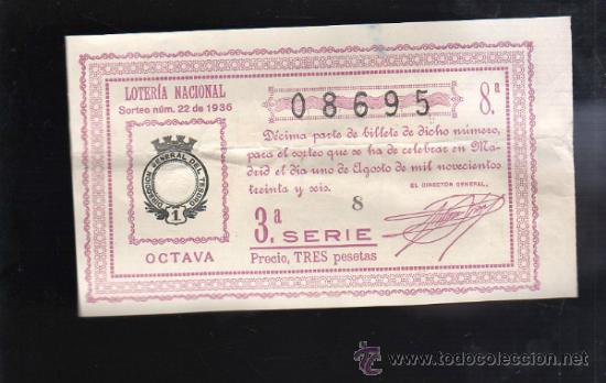Lotteria Nationale Spagnola: LOTERIA NACIONAL. SORTEO N&ordm; 22 DE 1936. OCTAVA. 3&ordf; SERIE.