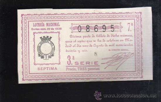 Lotteria Nationale Spagnola: LOTERIA NACIONAL. SORTEO N&ordm; 22 DE 1936. SEPTIMA. 3&ordf; SERIE.