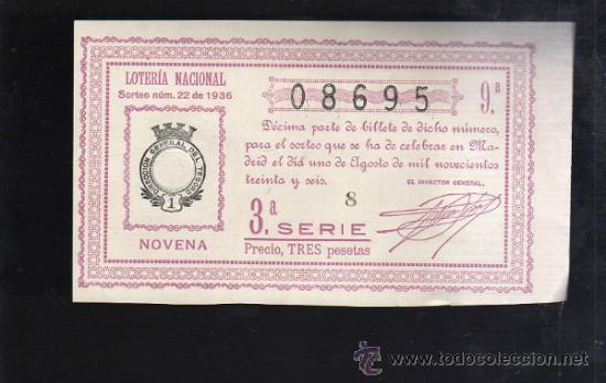 Lotteria Nationale Spagnola: LOTERIA NACIONAL. SORTEO N&ordm; 22 DE 1936. NOVENA. 3&ordf; SERIE.