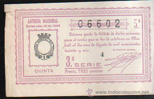 Lotteria Nationale Spagnola: LOTERIA NACIONAL. SORTEO N&ordm; 22 DE 1936. QUINTA. 3&ordf; SERIE.