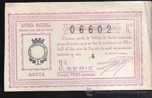 Lotteria Nationale Spagnola: LOTERIA NACIONAL. SORTEO N&ordm; 22 DE 1936. SEXTA. 3&ordf; SERIE.