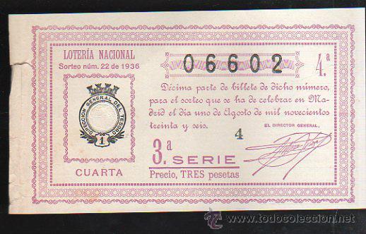 Lotteria Nationale Spagnola: LOTERIA NACIONAL. SORTEO N&ordm; 22 DE 1936. CUARTA. 3&ordf; SERIE.