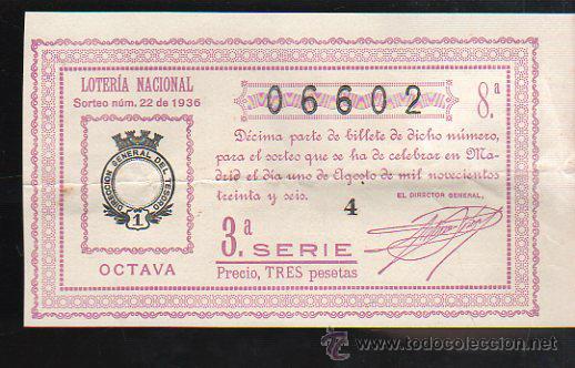 Lotteria Nationale Spagnola: LOTERIA NACIONAL. SORTEO N&ordm; 22 DE 1936. OCTAVA. 3&ordf; SERIE.