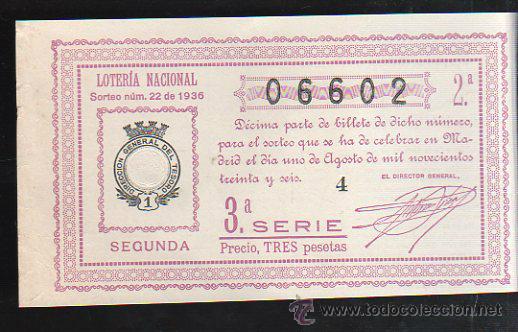Lotteria Nationale Spagnola: LOTERIA NACIONAL. SORTEO N&ordm; 22 DE 1936. SEGUNDA. 3&ordf; SERIE.