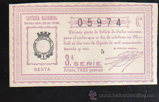 Lotteria Nationale Spagnola: LOTERIA NACIONAL. SORTEO N&ordm; 22 DE 1936. SEXTA. 3&ordf; SERIE.