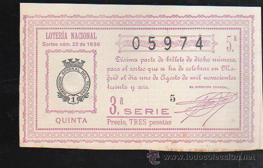 Lotteria Nationale Spagnola: LOTERIA NACIONAL. SORTEO N&ordm; 22 DE 1936. QUINTA. 3&ordf; SERIE.