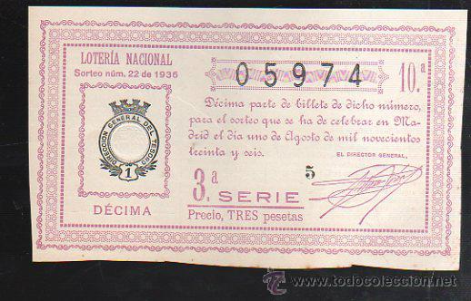 Lotteria Nationale Spagnola: LOTERIA NACIONAL. SORTEO N&ordm; 22 DE 1936. DECIMA. 3&ordf; SERIE.