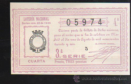 Lotteria Nationale Spagnola: LOTERIA NACIONAL. SORTEO N&ordm; 22 DE 1936. CUARTA. 3&ordf; SERIE.