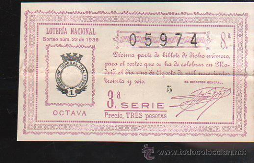 Lotteria Nationale Spagnola: LOTERIA NACIONAL. SORTEO N&ordm; 22 DE 1936. OCTAVA. 3&ordf; SERIE.