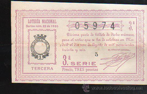 Lotteria Nationale Spagnola: LOTERIA NACIONAL. SORTEO N&ordm; 22 DE 1936. TERCERA. 3&ordf; SERIE.