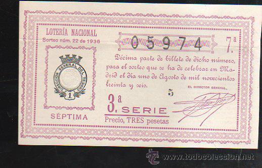 Lotteria Nationale Spagnola: LOTERIA NACIONAL. SORTEO N&ordm; 22 DE 1936. SEPTIMA. 3&ordf; SERIE.