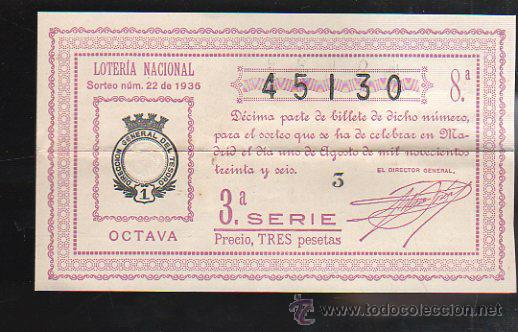 Lotteria Nationale Spagnola: LOTERIA NACIONAL. SORTEO N&ordm; 22 DE 1936. OCTAVA. 3&ordf; SERIE.