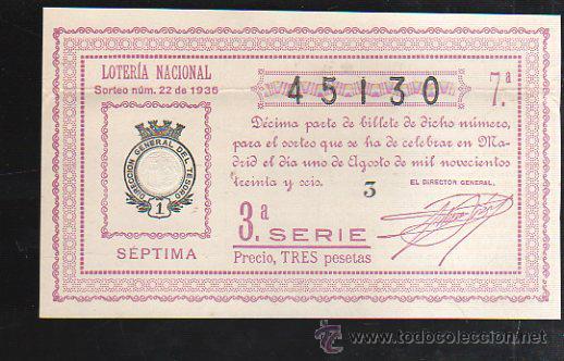 Lotteria Nationale Spagnola: LOTERIA NACIONAL. SORTEO N&ordm; 22 DE 1936. SEPTIMA. 3&ordf; SERIE.