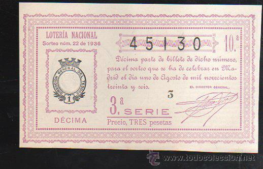 Lotteria Nationale Spagnola: LOTERIA NACIONAL. SORTEO N&ordm; 22 DE 1936. DECIMA. 3&ordf; SERIE.