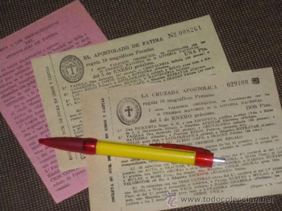 Lotteria Nationale Spagnola: BOLETOS DE RIFA DE LA CRUZADA APOSTOLICA Y EL APOSTOLADO DE FATIMA, PAMPLONA. UNA Y DOS PESETAS.